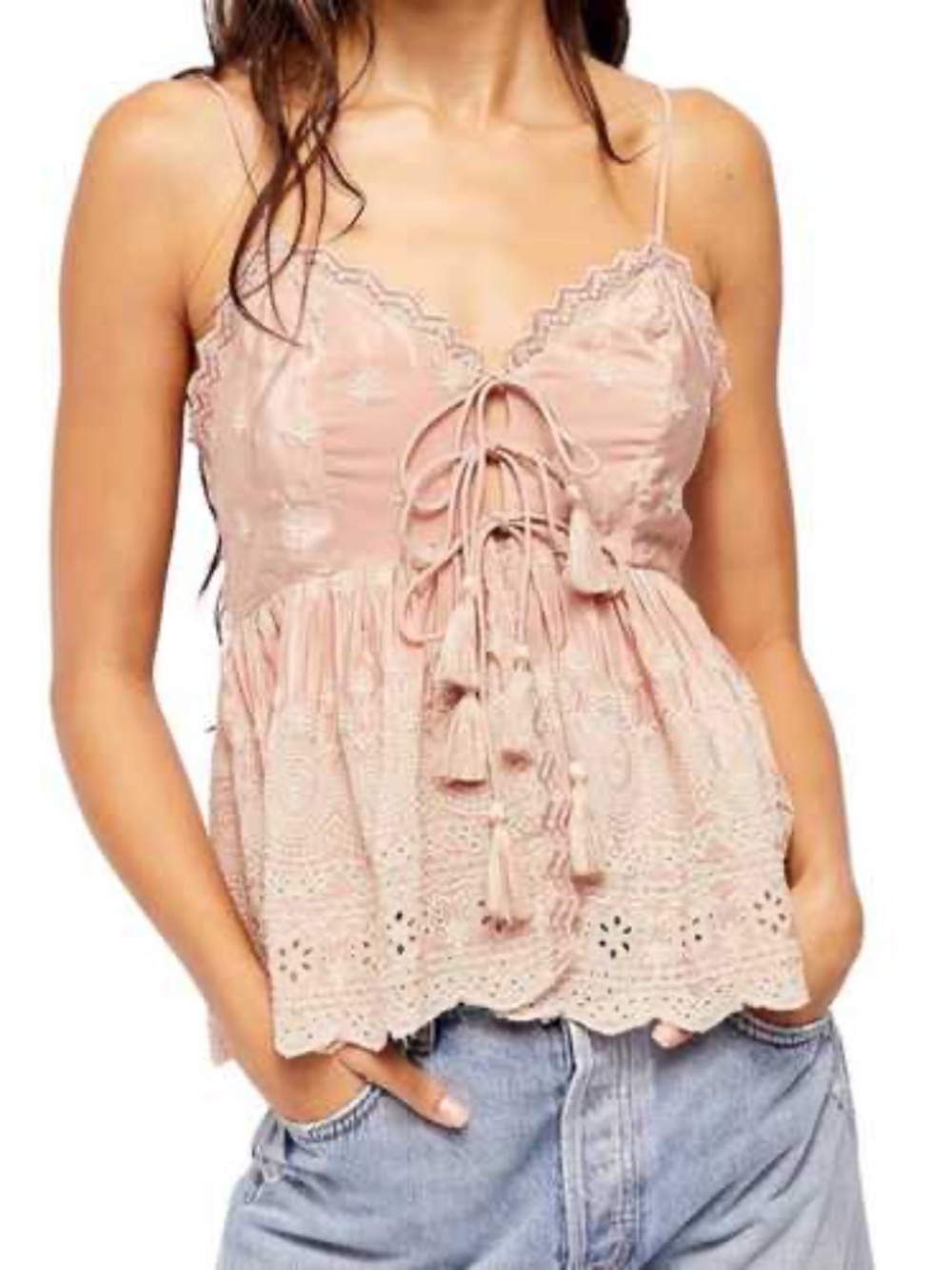 Free People Intimately Jenna Blush satin embroidered Eyelet Lace Tie-Front Cami
